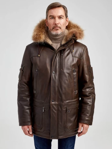 Утепленная мужская кожаная куртка аляска с мехом енота Алекс, светло-коричневая, размер 44, артикул 40451-1