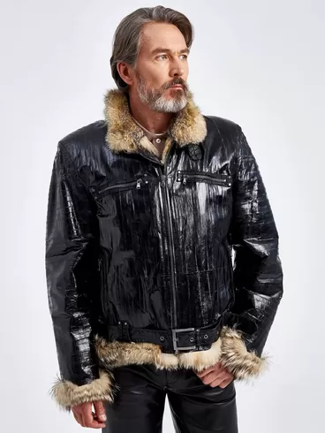 Кожаная куртка из кожи морского угря зимняя мужская ZE/F-7980, на подкладке из меха лисицы, черная, p. 48, арт. 40800-0