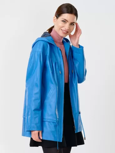Кожаная куртка женская 303у , с капюшоном, голубая, р. 50, арт. 90690-5