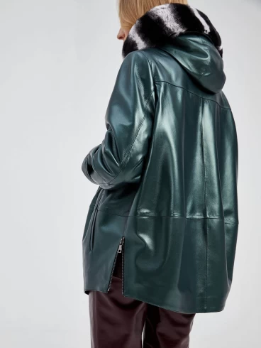 Кожаная женская куртка с капюшоном и мехом "рекса" 308уш, зеленый, размер 54, артикул 40500-6