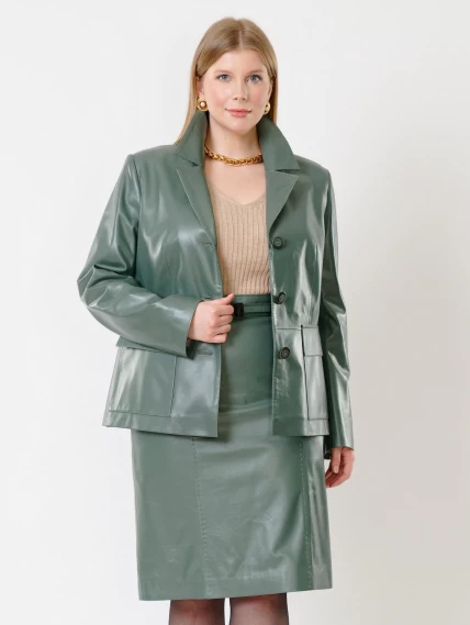 Кожаный костюм женский: Пиджак 3007 + Юбка-карандаш 02рс, оливковый, размер 46, артикул 111137-4