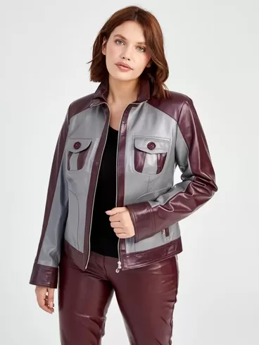 Кожаный комплект женский: Куртка 341 + Брюки 02, серый/бордовый, р. 42, арт. 111170-3