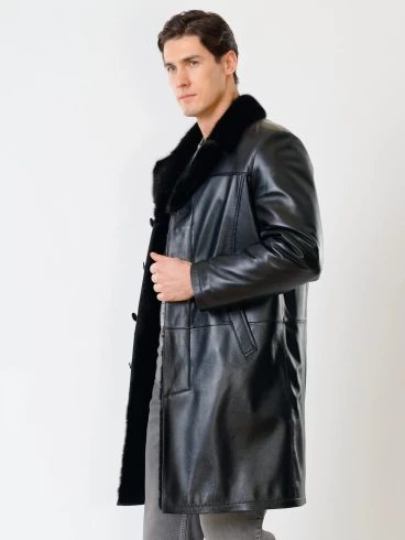 Мужское зимнее кожаное пальто с норковым воротником премиум класса 533мех, черное, размер 50, артикул 71060-5