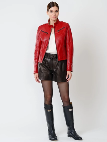 Кожаный комплект женский: Куртка 399 + Шорты 01, красный/черный, размер 44, артикул 111207-1