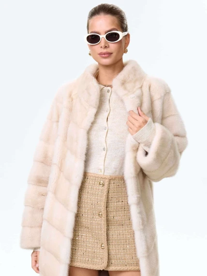 Поперечная женская норковая шуба премиум класса София(с), жемчужная, размер 50, артикул 34110-6