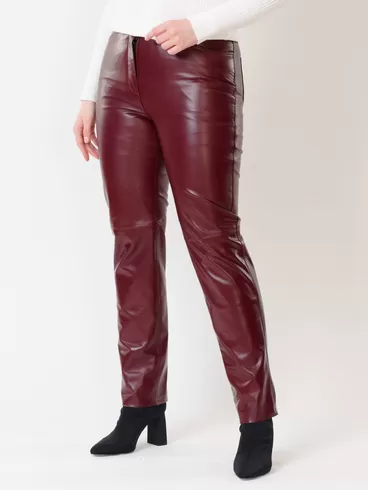 Кожаные зауженные брюки женские 02, из натуральной кожи, бордовые, р. 42, арт. 85490-5