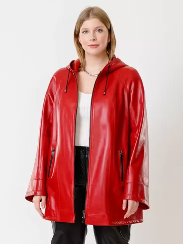Кожаная куртка женская 383, с капюшоном, красная, р. 48, арт. 91310-0