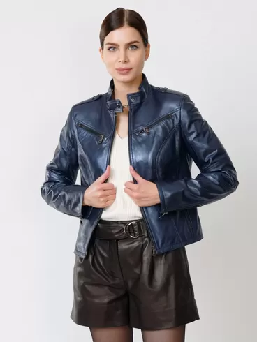 Кожаный комплект женский: Куртка 399 + Шорты 01, синий перламутр/черный, р. 44, арт. 111206-2
