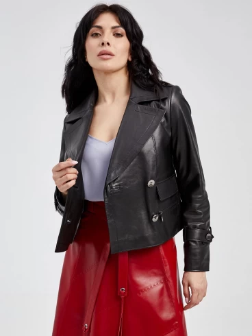 Двубортный кожаный женский пиджак 3014, черный, размер 48, артикул 91571-0