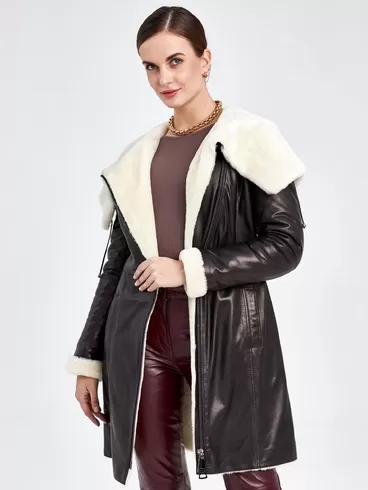 Кожаное пальто зимнее женское 390мех, с капюшоном, черное - белое, р. 50, арт. 91810-3