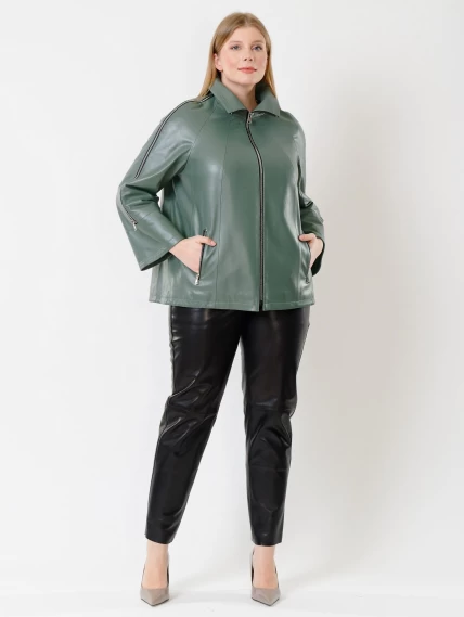 Кожаный комплект женский: Куртка 385 + Брюки 04, оливковый/черный, размер 48, артикул 111381-1