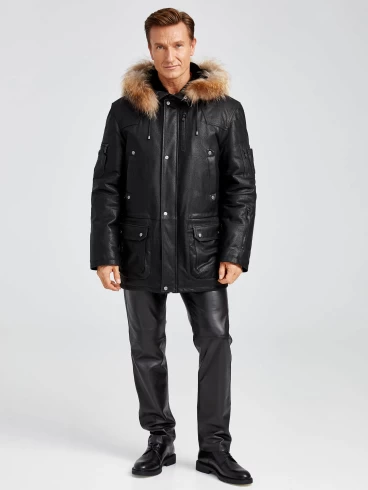 Утепленная мужская кожаная куртка аляска с мехом енота Алекс, черная DS, размер 52, артикул 40380-6