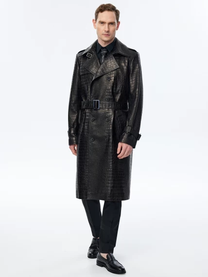 Длинный мужской кожаный плащ премиум класса 559, черный, размер 50, артикул 71480-2