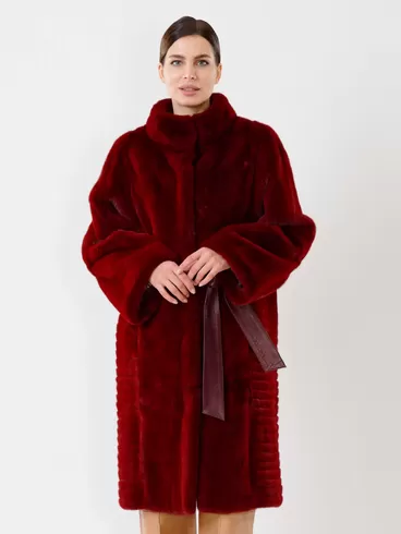 Пальто из меха норки женское 2826, с кожаным поясом, бордовое, р. 46, арт. 32690-2