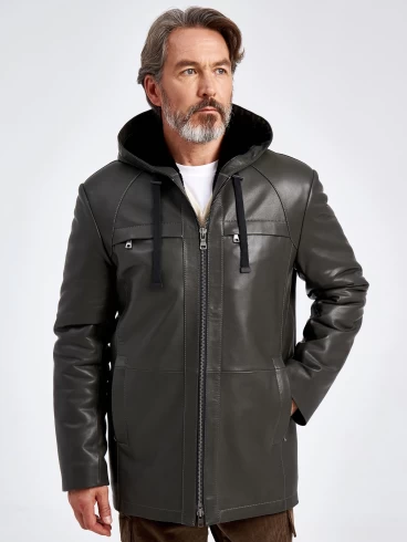 Кожаная куртка премиум класса мужская 552ш, с капюшоном, хаки, размер 48, артикул 29590-0