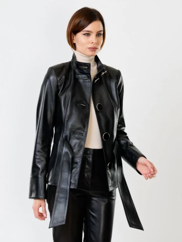 Кожаная куртка женская 334, с поясом, черная, р. 40, арт. 91101-5