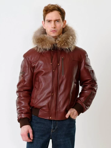 Кожаная мужская куртка аляска утепленная с мехом енота 509, виски, размер 48, артикул 40190-2