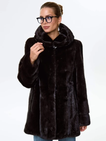 Короткая женская норковая шуба автоледи с капюшоном Елена(к), черная, размер 50, артикул 64540-7