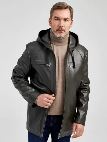Кожаная куртка премиум класса мужская 552, с капюшоном, оливковая, р. 48, арт. 28941-1