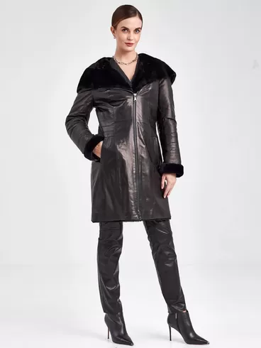 Кожаное пальто зимнее женское 393мех, с капюшоном, черное, р. 46, арт. 91860-1