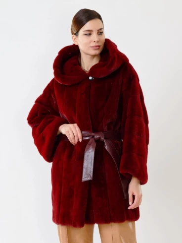 Куртка из меха норки с капюшоном женская 281(к), бордовая, размер 46, артикул 32710-0