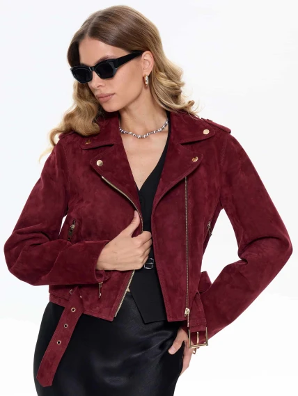 Женская замшевая куртка косуха с поясом премиум класса 3080з, бордовая, размер 44, артикул 24740-7