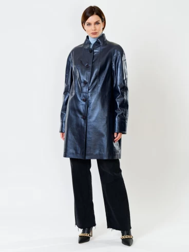 Кожаное пальто женское 378, синий перламутр, размер 48, артикул 91130-3