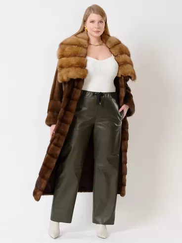 Пальто из меха норки с соболем женское 1150в, длинное, коричневое, арт. 32750-3