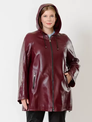 Кожаная куртка женская 383, с капюшоном, бордовая, р. 48, арт. 91300-6