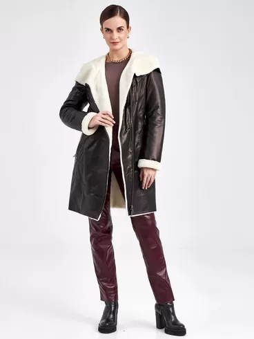 Кожаное пальто зимнее женское 391мех, с капюшоном, черное - белое, р. 46, арт. 91830-1