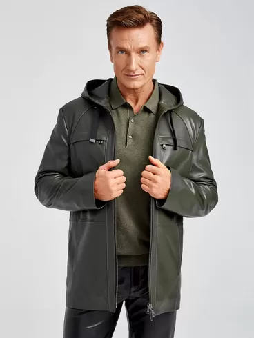 Кожаная куртка премиум класса мужская 552, с капюшоном, оливковая, р. 48, арт. 28892-6