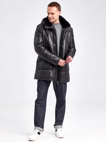 Кожаный пуховик зимний мужской 5520, со съемным капюшоном, черный, размер 52, артикул 41010-5