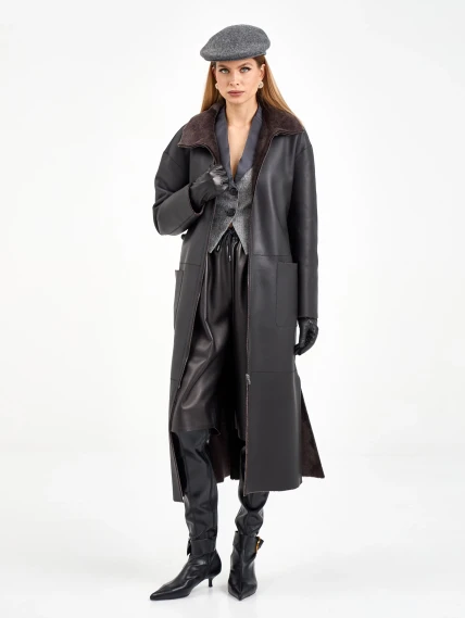 Коричневая длинная женская дубленка 2071, размер 44, артикул 64990-0