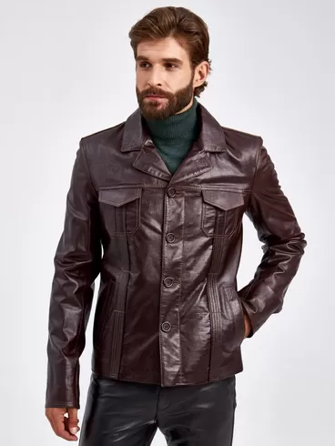 Кожаный пиджак мужской 2010-7, короткий, коричневый, p. 48, арт. 29310-3