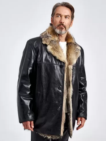 Кожаная куртка зимняя мужская Делон 1, на подкладке из меха лисицы, черная, p. 52, арт. 40770-3