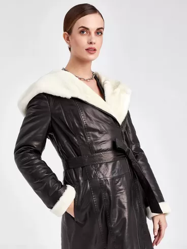 Кожаное пальто зимнее женское 394мех, с капюшоном, черное / белое, р. 50, арт. 91880-0