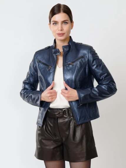 Кожаный комплект женский: Куртка 399 + Шорты 01, синий перламутр/черный, размер 44, артикул 111206-2