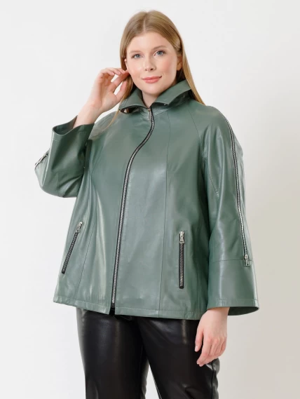 Кожаный комплект женский: Куртка 385 + Брюки 04, оливковый/черный, размер 48, артикул 111381-3