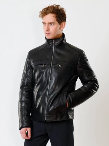 Кожаная зимняя мужская куртка на подстежке из овчины 516, черная, размер 46, артикул 40850-6