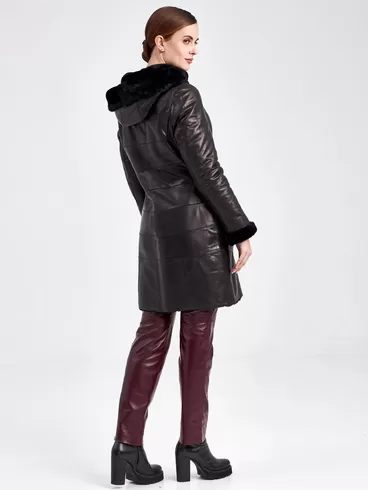 Кожаное пальто зимнее женское 391мех, с капюшоном, черное, р. 46, арт. 91820-2