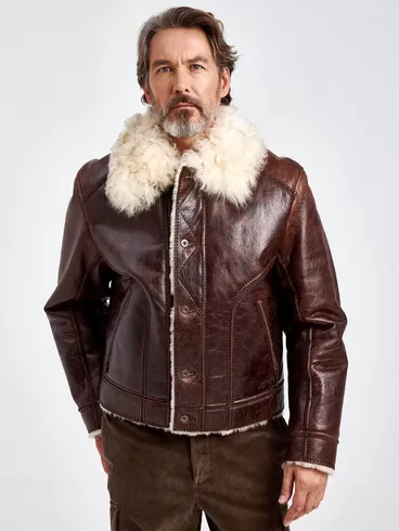 Кожаная куртка зимняя мужская 151, на подкладке из овчины "тиградо", коричневая, p. 52, арт. 70680-0