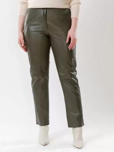 Кожаные прямые брюки женские 04, из натуральной кожи, оливковые, р. 46, арт. 85530-1