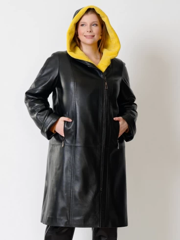 Кожаный утепленный женский плащ с капюшоном 3011, черный, размер 48, артикул 91490-4