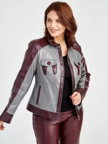 Кожаный комплект женский: Куртка 341 + Брюки 02, серый/бордовый, р. 42, арт. 111170-4