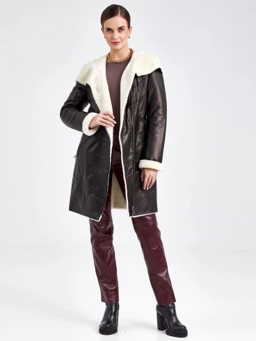 Кожаное пальто зимнее женское 391мех, с капюшоном, черно-белое, р. 46, арт. 91830-1