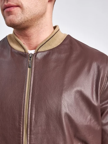 Кожаная куртка бомбер мужская 1119, коричневая, размер52, артикул 29510-3