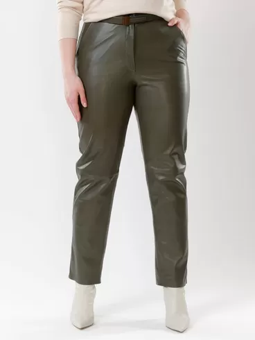 Кожаные прямые брюки женские 04, из натуральной кожи, оливковые, р. 46, арт. 85530-2