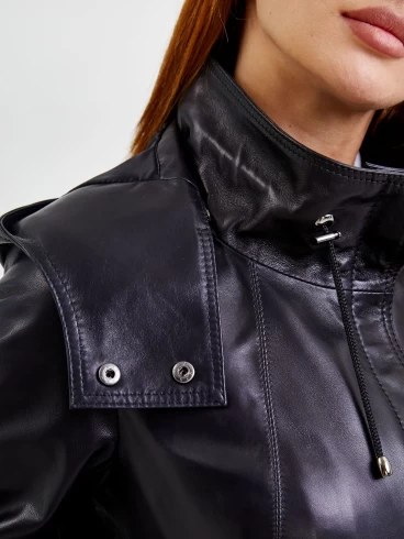 Кожаная куртка женская 305, с капюшоном, черная, р. 48, арт. 91761-2