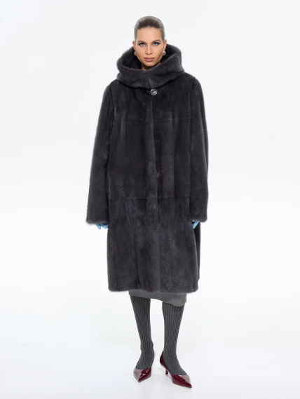 Длинная женcкая шуба с капюшоном Классика-687, графитовая, размер 62, артикул 65440-4