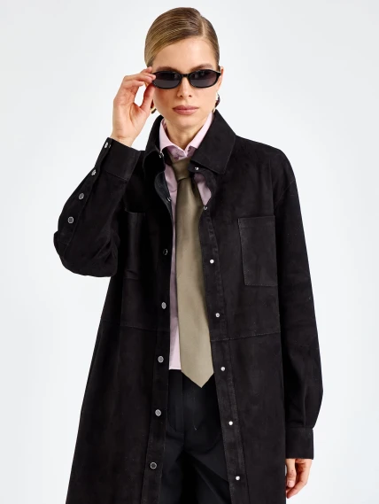 Черный женский замшевый плащ премиум класса 3112з, размер 46, артикул 92380-1